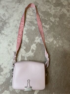 Off-White Light Pink Leather Crossbody with Branded Pink Webbing Strap